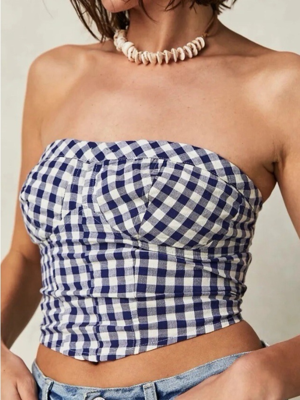 Free People Navy and White Gingham Strapless Bustier Top